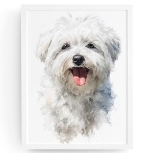 Watercolor White Maltese Dog Portrait Wall Art Print Poster, Unframed